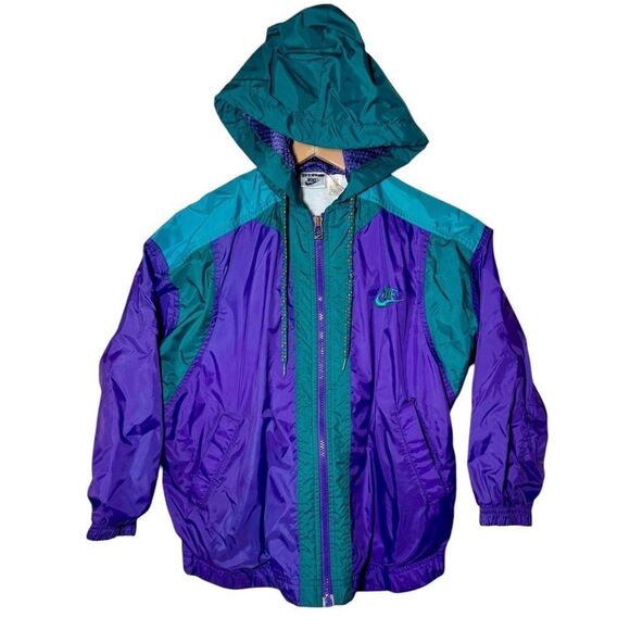 Vintage 90s Nike Full Zip Embroidered Windbreaker Jacket Purple Green Kids 7 LG - Picture 1 of 4